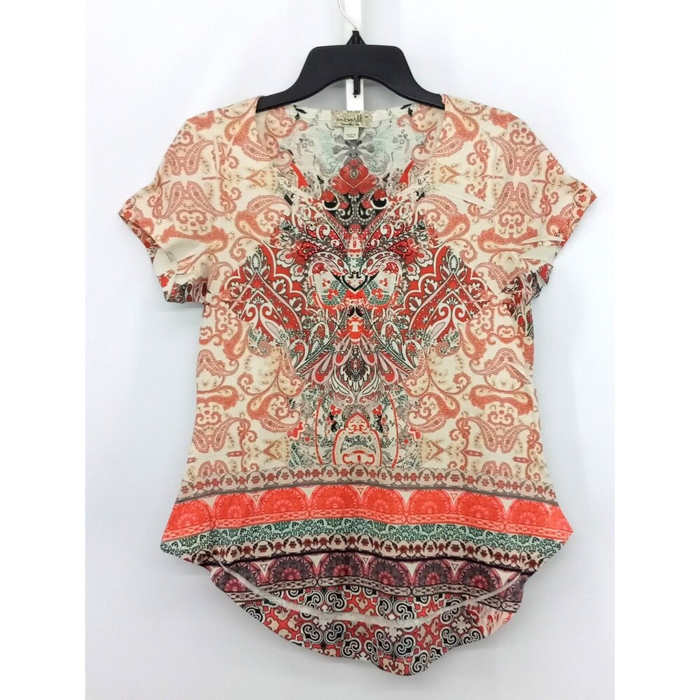 One World Shirt Womens Medium Red Paisley Beaded Short Sleeve Lightweight Top